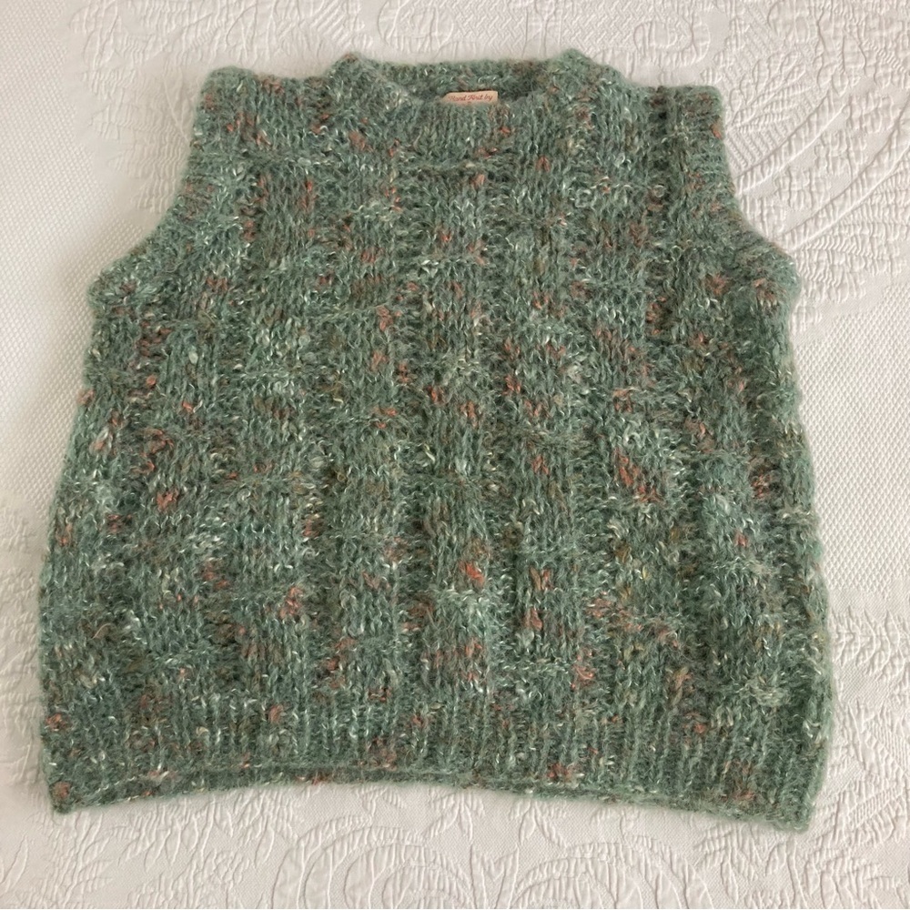 Vintage Hand Knit 80s mohair sweater vest green fleck stretch old money M - Picture 5 of 11